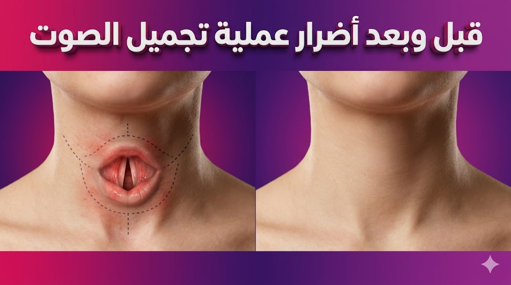 مقارنة قبل وبعد توضح منطقة الحنجرة والتعافي من أضرار عملية تجميل الصوت مع نص ثلاثي الأبعاد.