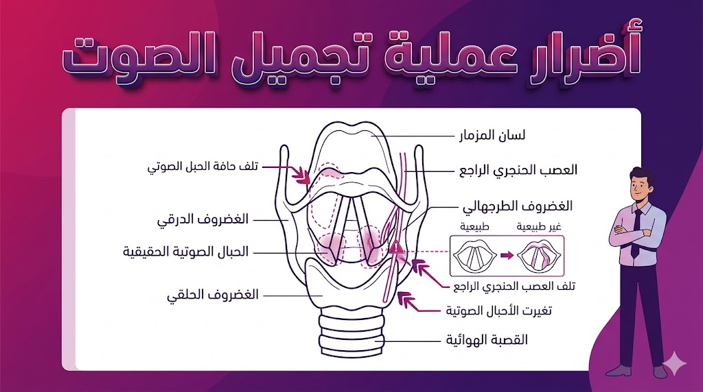 إنفوجرافيك طبي يوضح التشريح الداخلي للحنجرة والمناطق المتأثرة عند حدوث أضرار عملية تجميل الصوت.