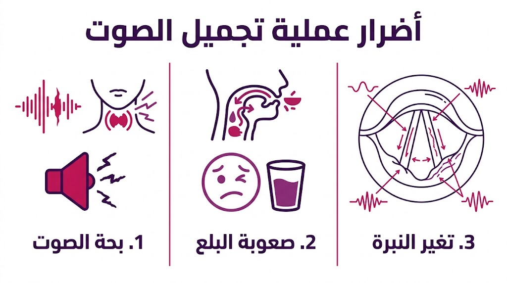 بوستر إنفوجرافيك يشرح ثلاثة أضرار عملية تجميل الصوت رئيسية: بحة الصوت، صعوبة البلع، وتغير النبرة.