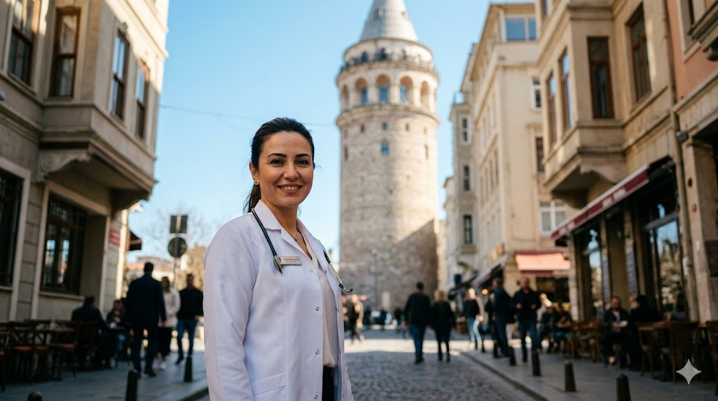 طبيب جراح متخصص في تركيا يقف أمام برج غالاتا، خبير في علاج وتجنب أضرار عملية تجميل الصوت.