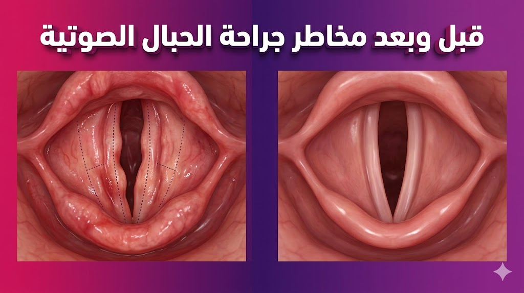  مقارنة قبل وبعد توضح حالة الحنجرة قبل العملية وبعد التعافي من مخاطر جراحة الحبال الصوتية.