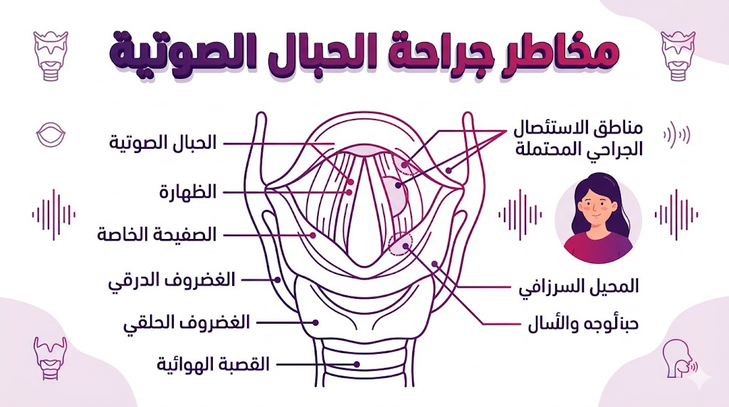 إنفوجرافيك طبي يوضح التشريح الداخلي للحنجرة والمناطق المتأثرة أثناء مخاطر جراحة الحبال الصوتية.