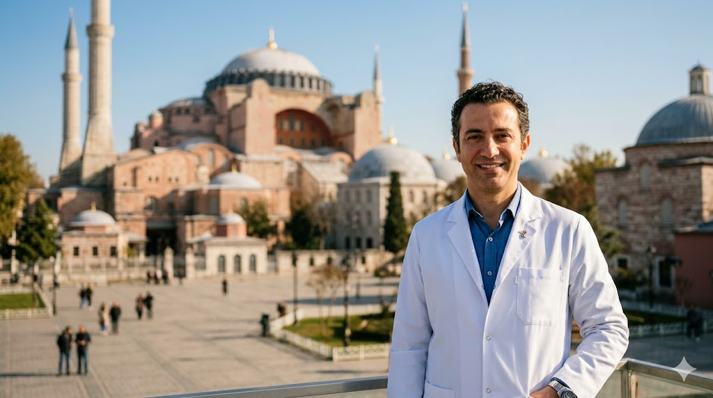 طبيب متخصص في زراعة شعر طبيعي يقف أمام جامع آيا صوفيا في إسطنبول، تركيا.