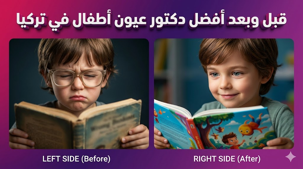 مقارنة قبل وبعد توضح نتائج علاج الحول وضعف النظر لدى أفضل دكتور عيون أطفال في تركيا.