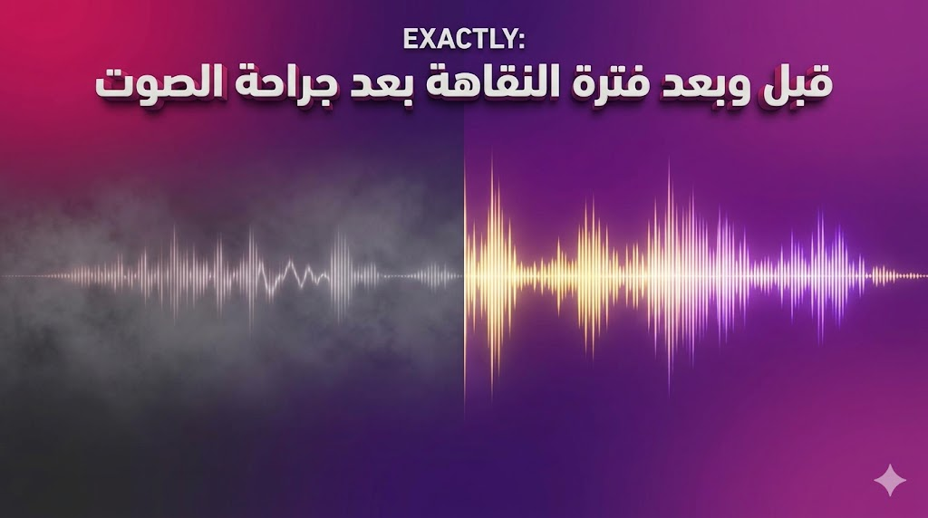 مقارنة بصرية تعبيرية توضح الفرق في نقاء الصوت قبل وبعد فترة النقاهة بعد جراحة الصوت مع نص عربي ثلاثي الأبعاد.