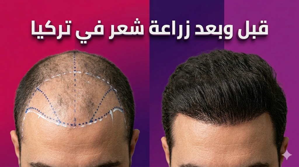  مقارنة واقعية قبل وبعد زراعة شعر في تركيا تظهر كثافة الشعر المرسومة بدقة طبية.