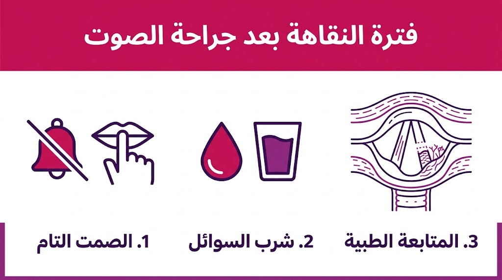  إنفوجرافيك طبي يلخص أهم ثلاث نصائح للالتزام بها خلال فترة النقاهة بعد جراحة الصوت.