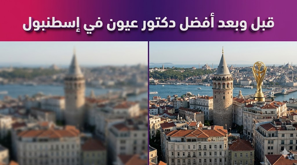 صورة مقارنة توضح تحسن الرؤية من الضبابية إلى الوضوح التام بعد زيارة أفضل دكتور عيون في إسطنبول.