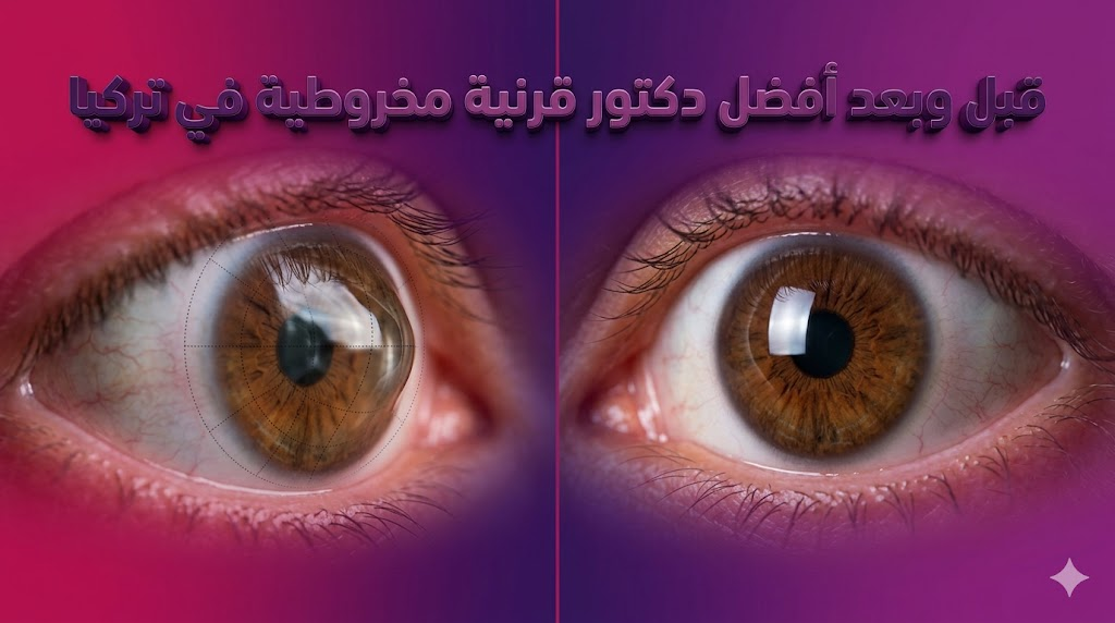 مقارنة قبل وبعد توضح تصحيح شكل العين مع أفضل دكتور قرنية مخروطية في تركيا.