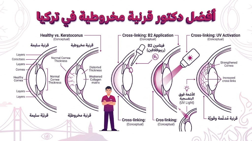  إنفوجرافيك تعليمي يوضح التركيب التشريحي للعين وكيفية العلاج لدى أفضل دكتور قرنية مخروطية في تركيا.