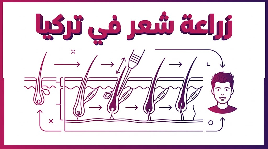 مخطط تشريحي تعليمي يوضح آلية غرس البصيلات أثناء زراعة شعر في تركيا.