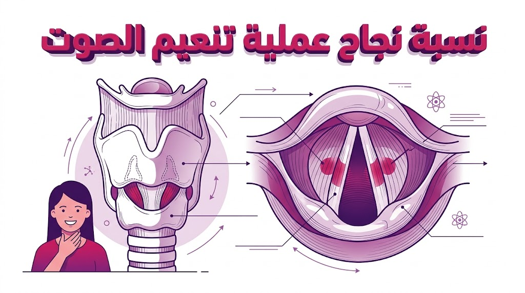 مخطط تشريحي يوضح التقنيات الجراحية التي ترفع نسبة نجاح عملية تنعيم الصوت.