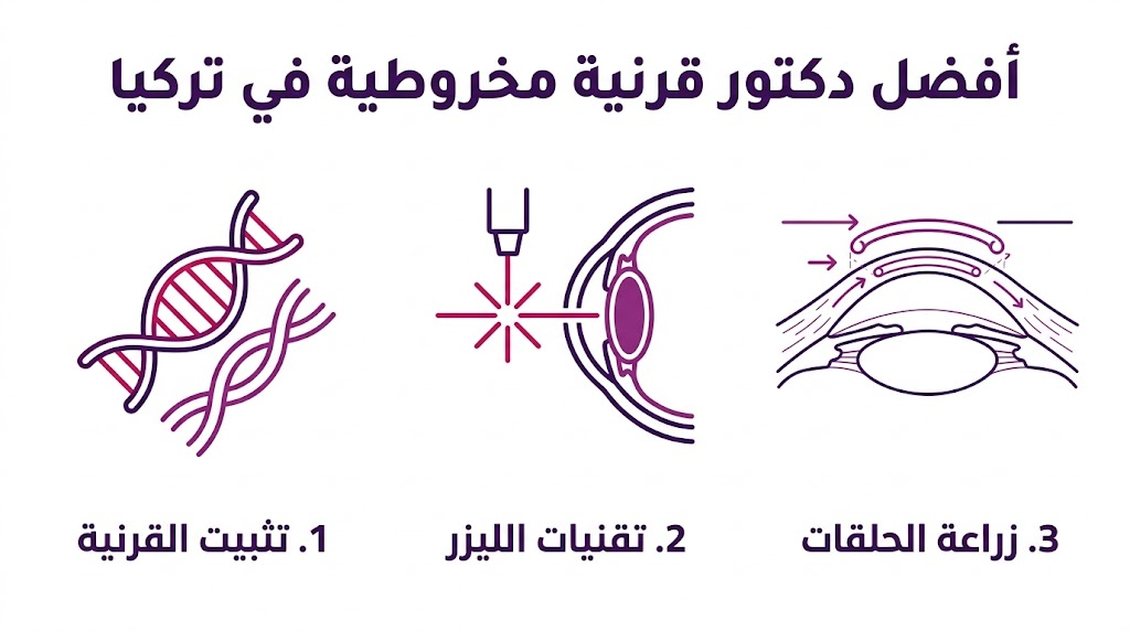 مخطط توضيحي لأهم 3 تقنيات علاجية يقدمها أفضل دكتور قرنية مخروطية في تركيا.