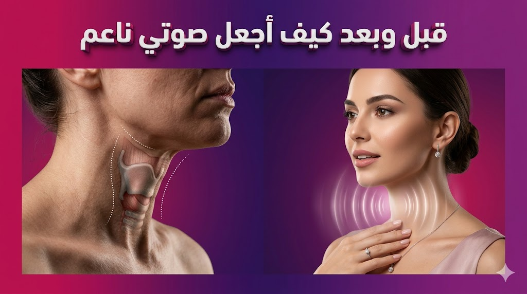 مقارنة قبل وبعد توضح نتائج تقنيات كيف أجعل صوتي ناعم مع تسليط الضوء على منطقة الحنجرة والنتائج النهائية.