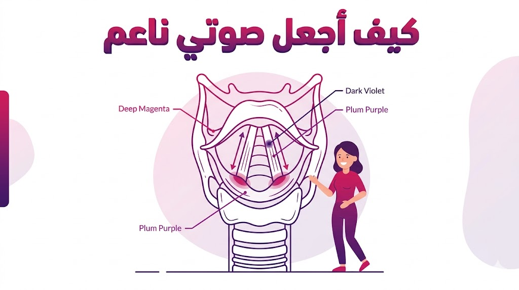  إنفوجرافيك تشريحي يشرح الآلية العلمية للأحبال الصوتية وكيفية تطبيق استراتيجية كيف أجعل صوتي ناعم.