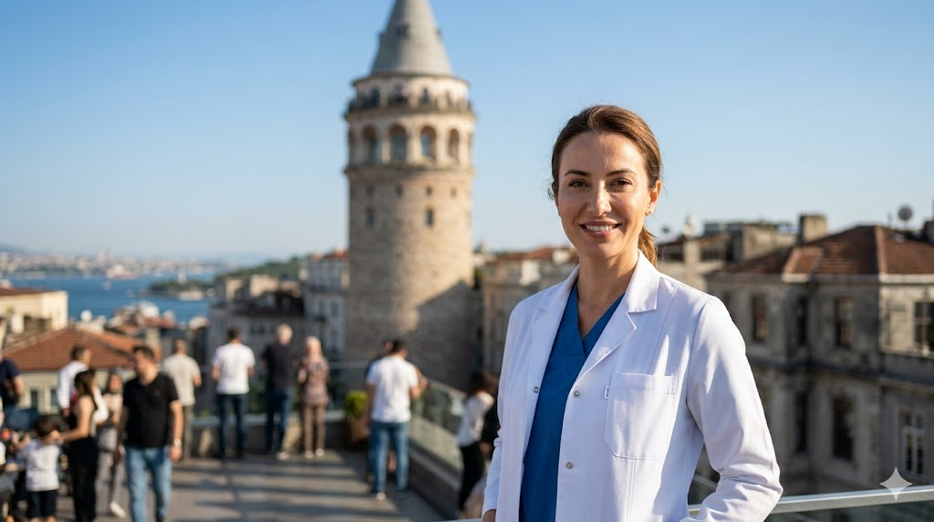 طبيبة متخصصة في تجميل الصوت في تركيا أمام برج غالاتا في إسطنبول، تعكس الثقة والخبرة في مجال كيف أجعل صوتي ناعم.