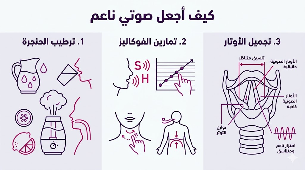  بوستر إنفوجرافيك تعليمي يستعرض ثلاث خطوات أساسية للإجابة على سؤال كيف أجعل صوتي ناعم.