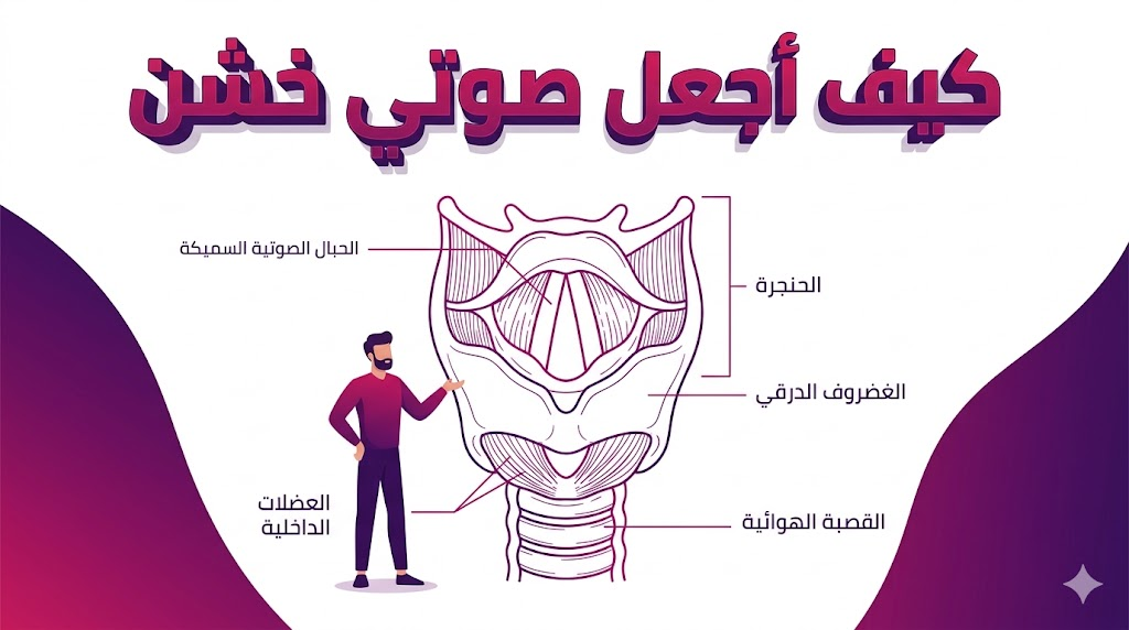 مخطط تشريحي طبي يوضح كيفية تضخيم الأحبال الصوتية للإجابة على تساؤل كيف أجعل صوتي خشن.