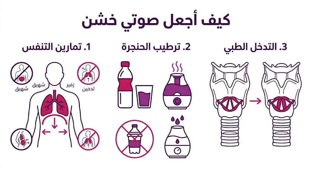  إنفوجرافيك طبي يوضح 3 طرق عملية حول كيف أجعل صوتي خشن تشمل التنفس والترطيب والطب.