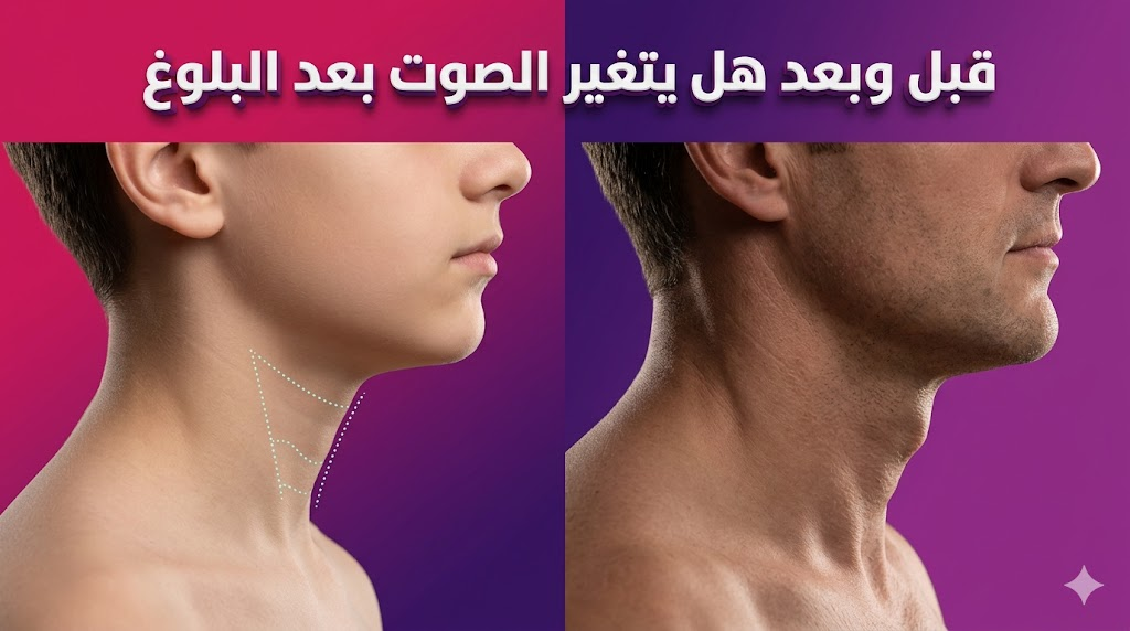  مقارنة قبل وبعد توضح نمو الحنجرة وتأثير هل يتغير الصوت بعد البلوغ على المظهر الخارجي للعنق.