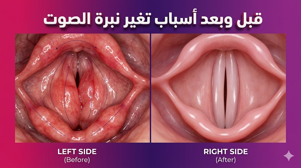 مقارنة قبل وبعد تظهر تحسن حالة الحبال الصوتية وعلاج أسباب تغير نبرة الصوت من الالتهاب إلى الصحة الكاملة.