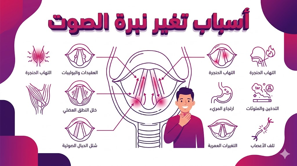 إنفوجرافيك تشريحي يوضح الهيكل الداخلي للحنجرة وعلاقته بمشكلة أسباب تغير نبرة الصوت بأسلوب فني راقٍ.