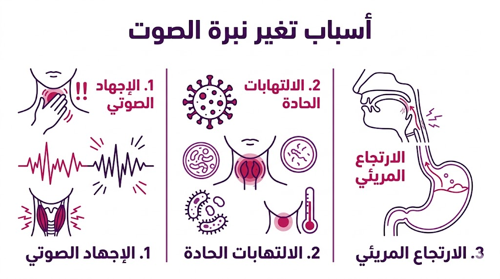 إنفوجرافيك تعليمي مقسم لثلاثة أقسام يشرح الإجهاد والالتهاب والارتجاع كأهم أسباب تغير نبرة الصوت.