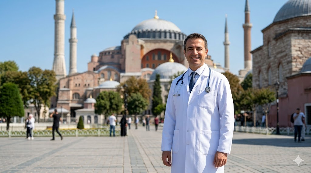 طبيب مختص يقف أمام جامع آيا صوفيا في تركيا، يمثل الرعاية الطبية المتقدمة لعلاج أسباب تغير نبرة الصوت.