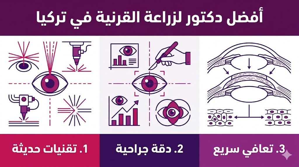 بوستر معلوماتي يشرح مزايا اختيار أفضل دكتور لزراعة القرنية في تركيا من حيث التقنية والدقة.