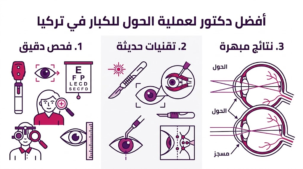 إنفوجرافيك طبي يوضح مراحل العلاج مع أفضل دكتور لعملية الحول للكبار في تركيا.
