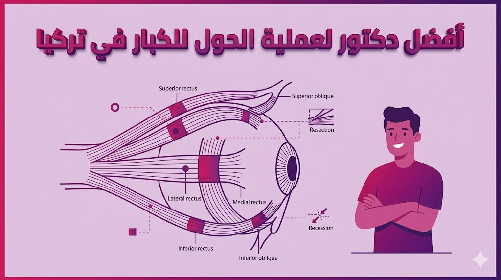 مخطط تشريحي يوضح تقنيات تصحيح عضلات العين التي يستخدمها أفضل دكتور لعملية الحول للكبار في تركيا.