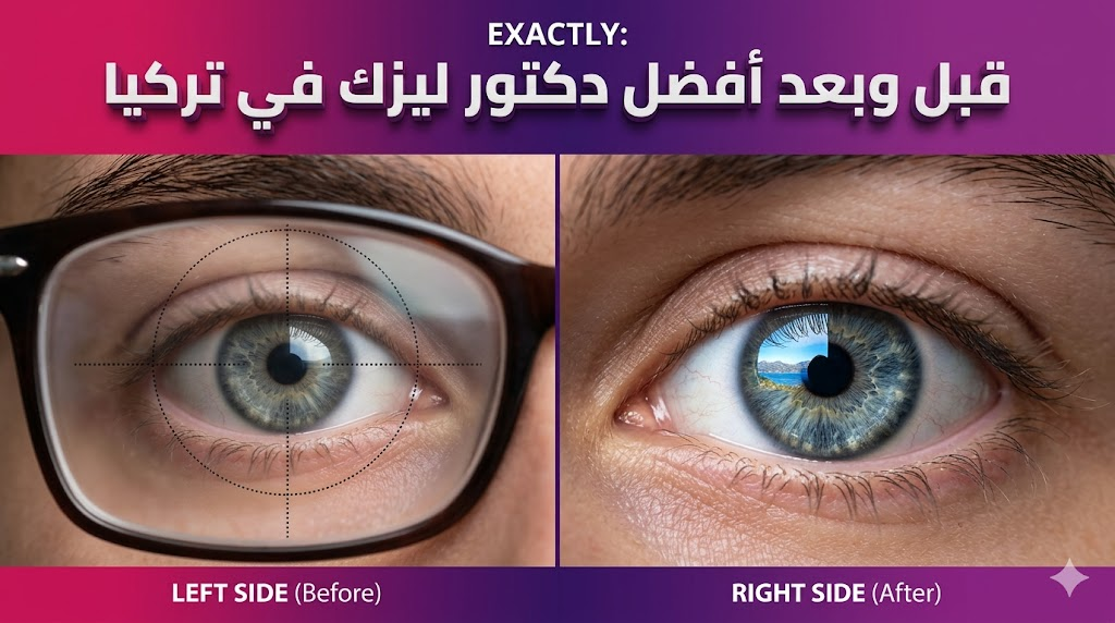 مقارنة قبل وبعد تصحيح النظر توضح دقة النتائج مع أفضل دكتور ليزك في تركيا.