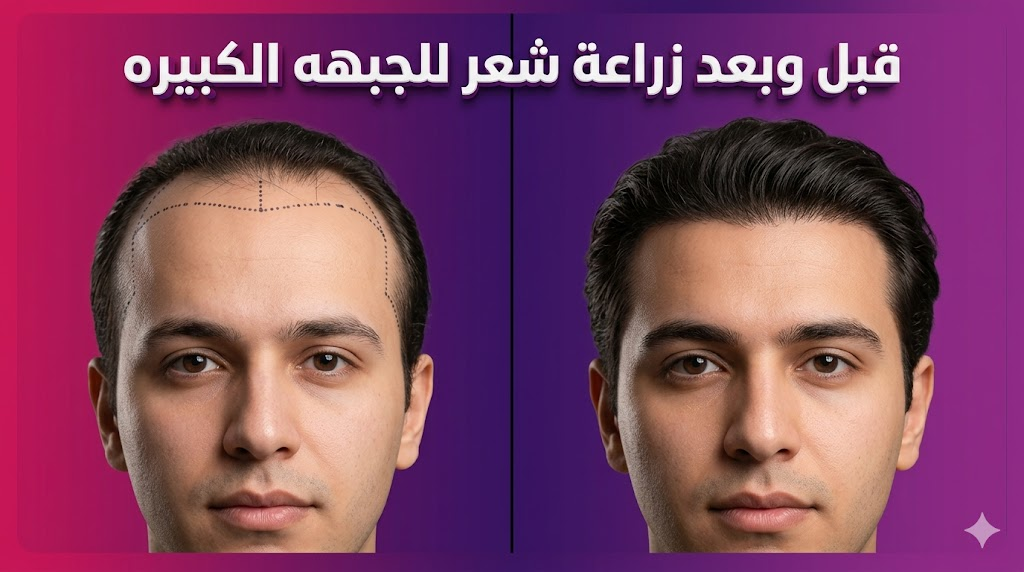 مقارنة قبل وبعد توضح نتائج زراعة شعر للجبهه الكبيره وتحديد خط الشعر الأمامي بشكل طبيعي.