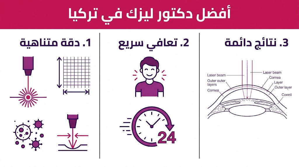 بوستر إنفوجرافيك يوضح ميزات تصحيح النظر عند اختيار أفضل دكتور ليزك في تركيا.