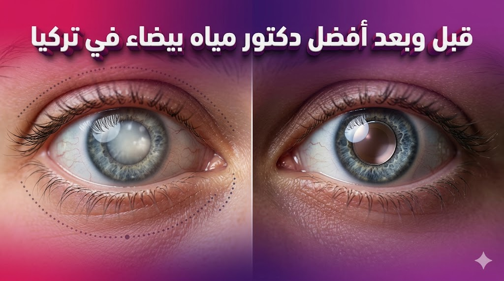  صورة واقعية تظهر مقارنة قبل وبعد العملية مع أفضل دكتور مياه بيضاء في تركيا، توضح تحول العين من الإعتام إلى الرؤية الواضحة.