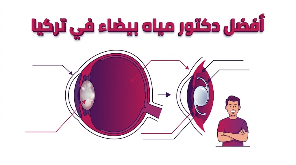 إنفوجرافيك طبي يوضح التشريح الداخلي للعين وكيفية استبدال العدسة المعتمة عند التعامل مع أفضل دكتور مياه بيضاء في تركيا.