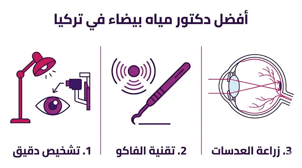 بوستر إنفوجرافيك يوضح مراحل العلاج الثلاثة: التشخيص، تقنية الفاكو، وزراعة العدسات مع أفضل دكتور مياه بيضاء في تركيا.