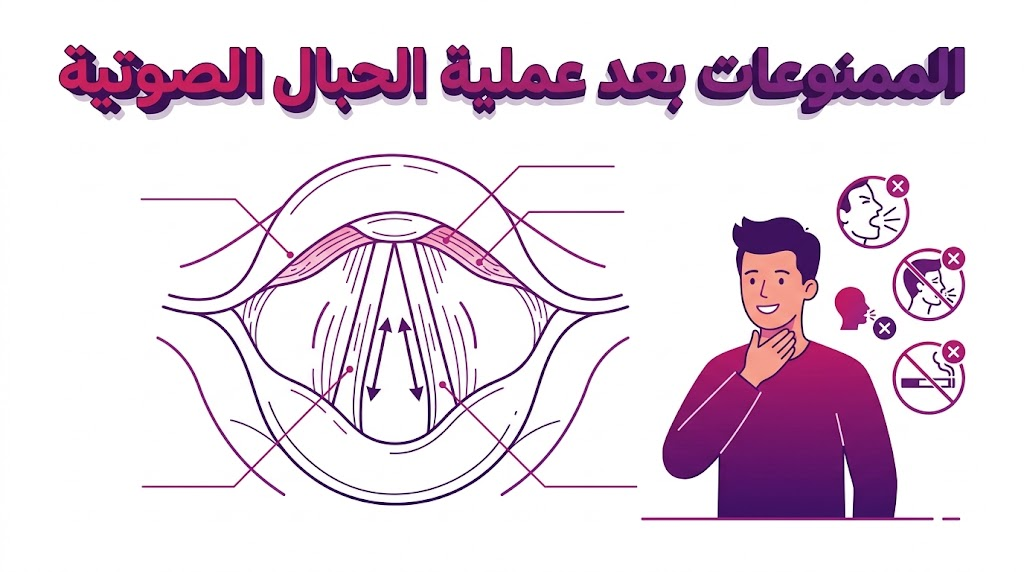 مخطط تشريحي يوضح الأماكن الحساسة المرتبطة بـ الممنوعات بعد عملية الحبال الصوتية لضمان الشفاء.