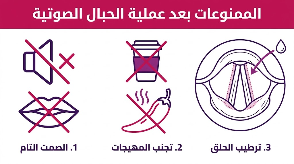 إنفوجرافيك طبي يوضح أهم 3 نقاط ضمن الممنوعات بعد عملية الحبال الصوتية للتعافي السريع.