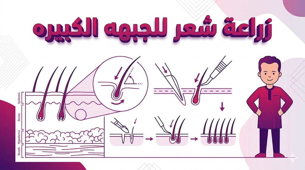  إنفوجرافيك طبي يوضح العلم التشريحي خلف عملية زراعة شعر للجبهه الكبيره وكيفية غرس البصيلات.