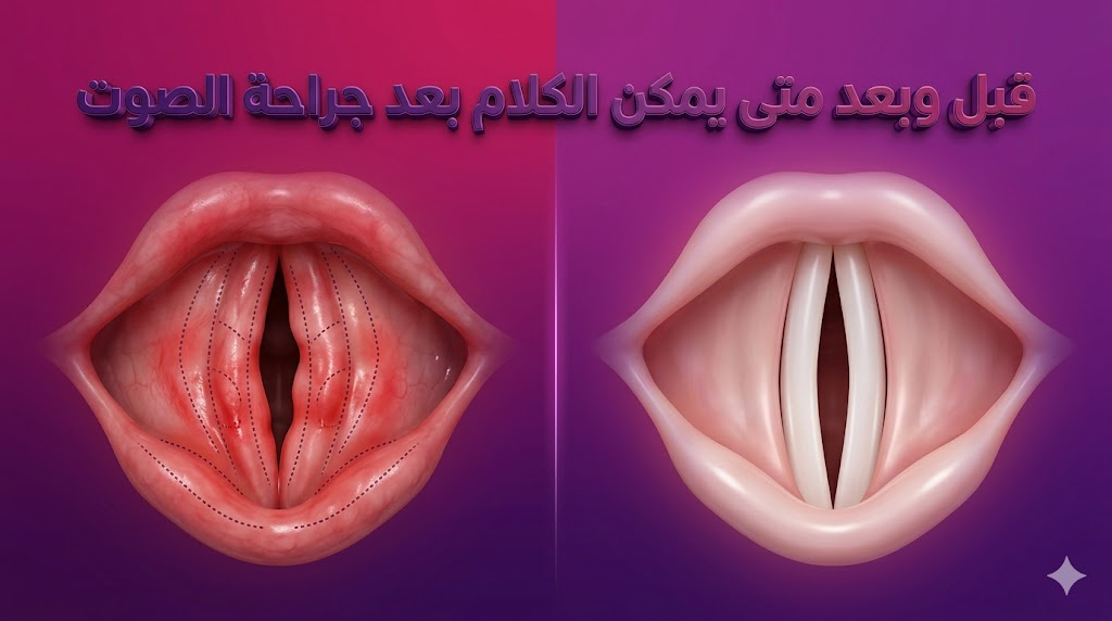 مقارنة قبل وبعد توضح تحسن الأحبال الصوتية والإجابة على تساؤل متى يمكن الكلام بعد جراحة الصوت.