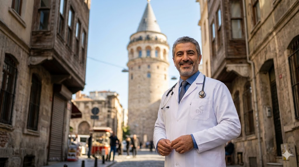  طبيب مختص في تركيا يقدم استشارات حول متى يمكن الكلام بعد جراحة الصوت أمام برج غالاتا.