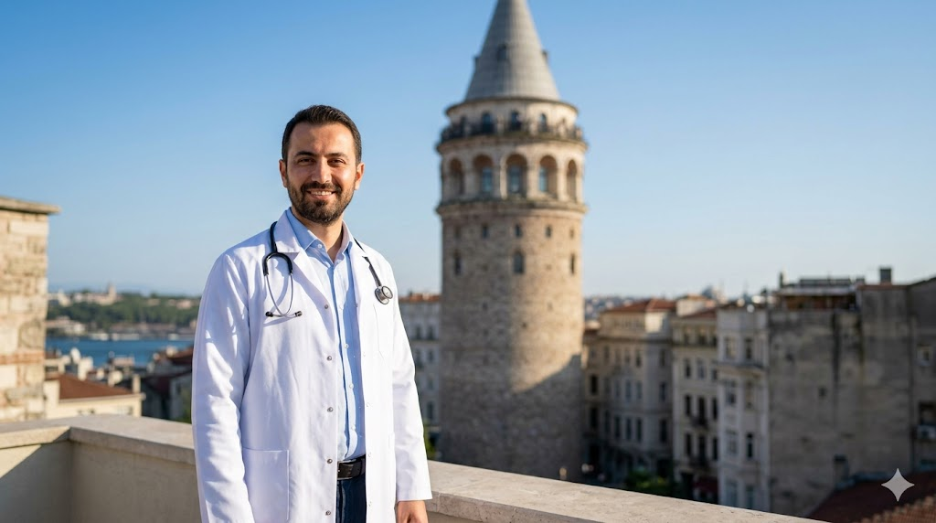  دكتور متخصص في تركيا يشرح للمرضى هل عملية تجميل الصوت مؤلمة أمام برج غالاتا في اسطنبول.