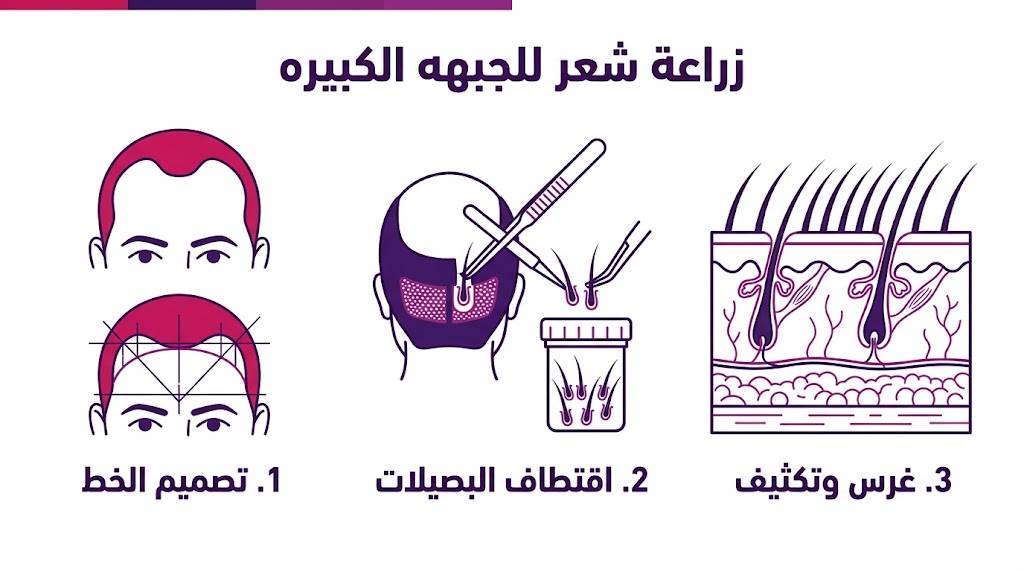  بوستر إنفوجرافيك يشرح مراحل زراعة شعر للجبهه الكبيره من التصميم إلى الغرس والتكثيف.
