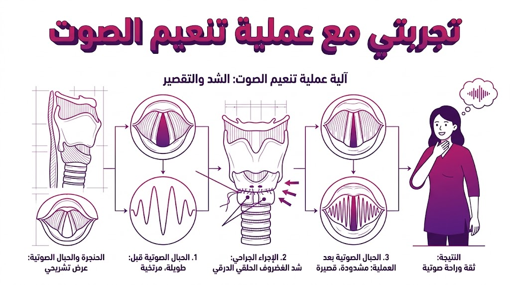  إنفوجرافيك طبي يشرح التشريح الداخلي للحنجرة والحبال الصوتية ضمن تجربتي مع عملية تنعيم الصوت.