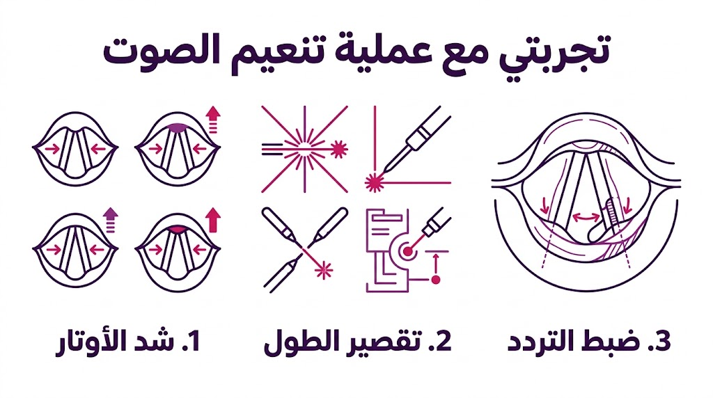 بوستر إنفوجرافيك يوضح الخطوات التقنية الثلاث في تجربتي مع عملية تنعيم الصوت.