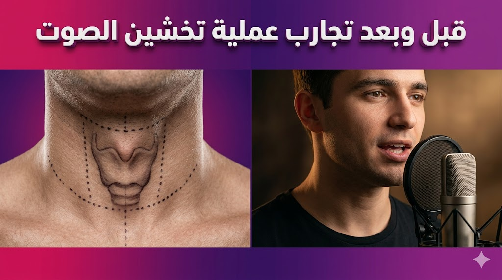 مقارنة قبل وبعد تظهر علامات التخطيط الجراحي والنتائج النهائية لمريض خضع لـ تجارب عملية تخشين الصوت.