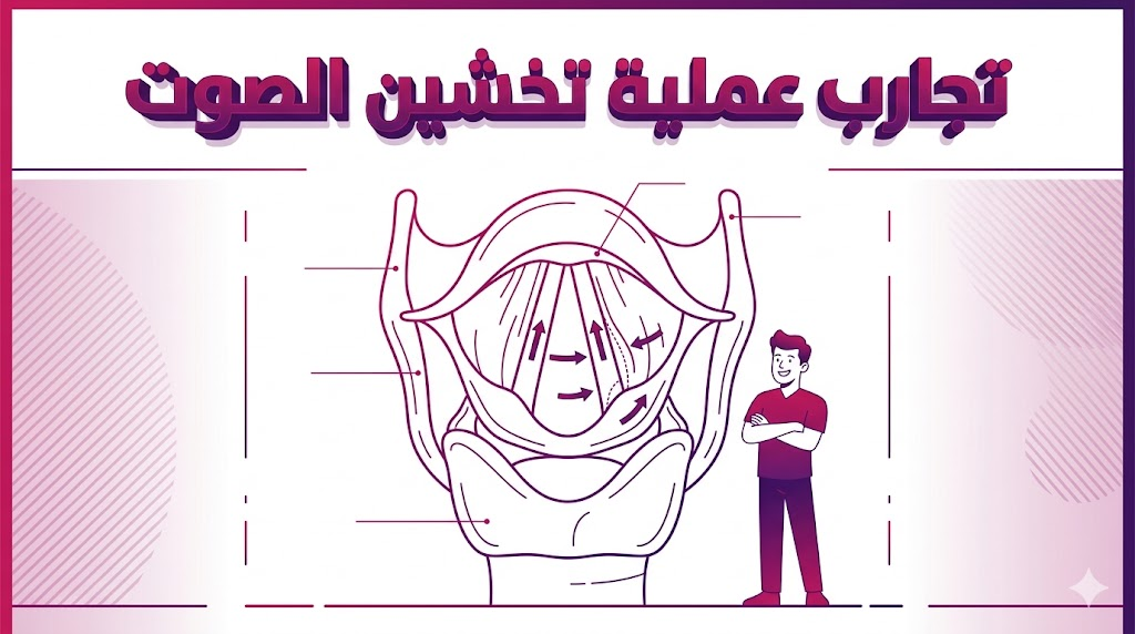  مخطط تشريحي تعليمي يوضح آلية عمل الأحبال الصوتية والنتائج المتوقعة لـ تجارب عملية تخشين الصوت.
