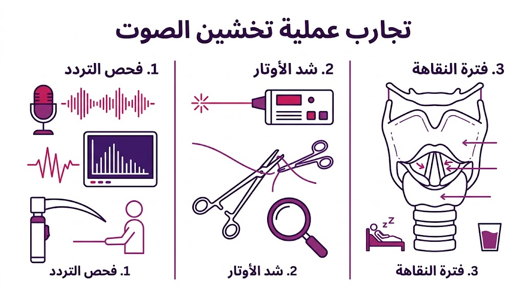 إنفوجرافيك طبي يوضح مراحل تجارب عملية تخشين الصوت من الفحص إلى التعافي.