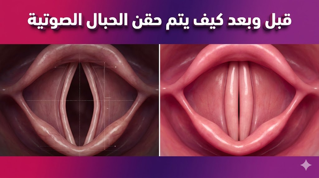 مقارنة قبل وبعد توضح نتائج كيف يتم حقن الحبال الصوتية لاستعادة الإغلاق الكامل للأوتار الصوتية.